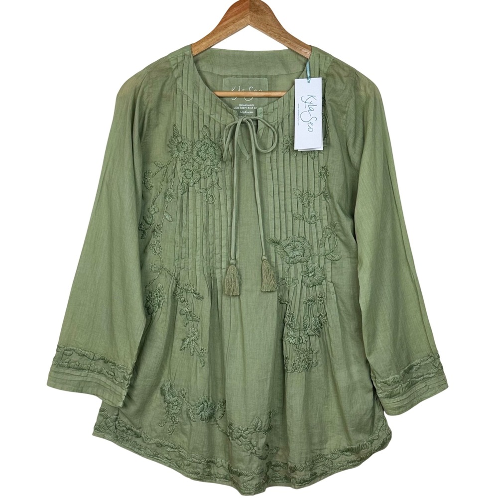 Kyla Seo Fern Blouse Embroidered Boho Pintuck Womens Medium Desert Sage Peasant